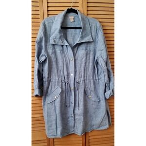Chicos Womens size 3 XL 16 Linen Utility Jacket 3/4 Sleeve Chambray Blue